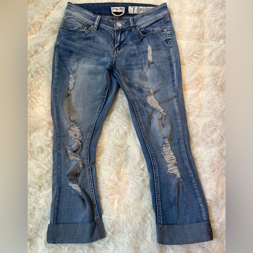 Indigo Rein Distressed Cropped Jeans Women Size 7 Blue Stretch Medium Wash Ankle